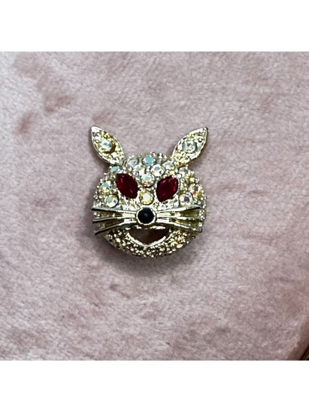 Vintage Aurora Borealis Crystal Rabbit Brooch Pin Red Rhinestone Eyes Gold-Tone - Picture 12 of 16